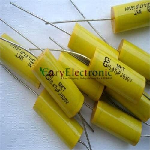 Wholesale 200pcs long leads yellow Axial Polyester Film Capacitors electronics 0.47uF 630V fr tube amp audio free shipping