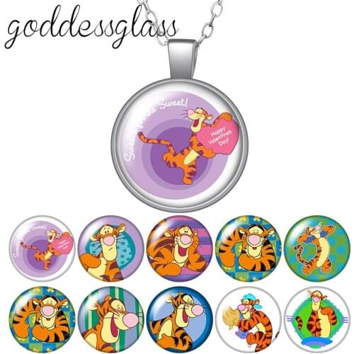 Disney Cute Tigger Cartoon Pooh Tiger Round Glass glass cabochon silver plated/Crystal pendant necklace jewelry for Gift