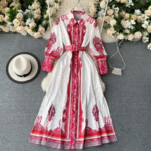 Spring And Autumn Womens Dress Retro Palace Style With Puffy Sleeves Belt Temperament Holiday