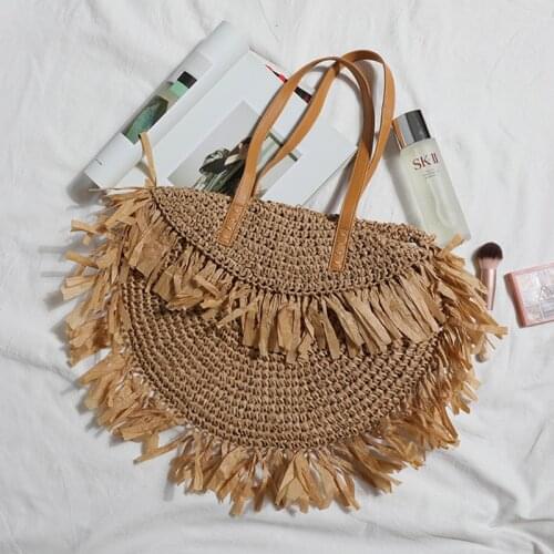 Simple Tassel Straw Shoulder Bag Women Design Handbag Bohemian Round Woven Large Capacity Tote Summer Beach Travel Shopper Purse