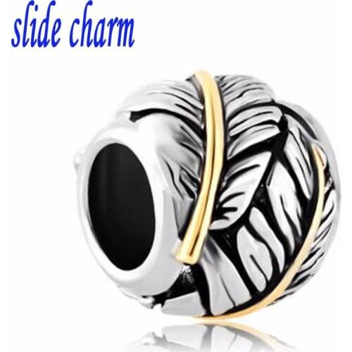 Slide charm Free shipping Valentines Day gift for children and swan feathers DIY charm beads fit Pandora charm bracelets