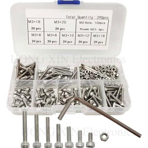 240pc/set M3 Cap Head Stainless Steel Hex Socket Screws Bolt With Hex Nuts Assortment Kit Fasteners with Plastic Box screw bolt