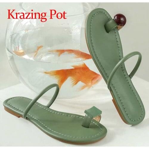 Krazing Pot summer genuine leather round toe low heels young lady solid beauty lady bling flip flop slip on women sandals L42
