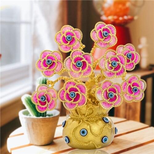 H&D Turkish Evil Eye Flowers Tree with Golden Lucky Bag Ornament Artificial Plant in Vase Decoration for Good Luck Wealth Gift