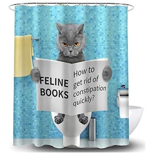 Funny British Blue Cat Shower Curtain Cute Kitty sit on Toilet Funny Books Creative Animal Yellow Towel Navy Blue Bathroom