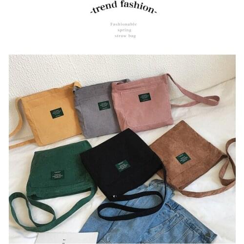 Women Corduroy Shoulder Bag Quality Canvas Crossbody Bags Simple Cloth Fabric Handbag Tote Solid Zipper Messenger Bags For Girls
