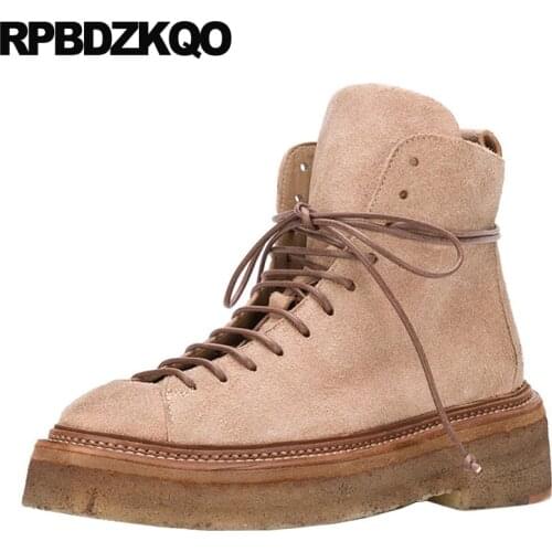 Muffin Genuine Leather Women Ankle Boots 2021 Round Toe Shoes Lace Up Combat Creepers Platform Military Flatform Vintage Winter