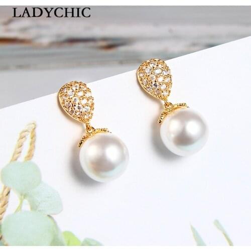 LADYCHIC Simple Fashion Gold Silver Color Zircon Stud Earrings Dainty White Imitation Pearl Earrings Women Gift Wholesale LE1341
