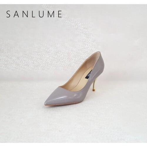 SANLUME Women Sexy Genuine leather High heels Basic Model Pumps Lady Pointed Toe Pink Nude Wedding shoes inside sheepskin