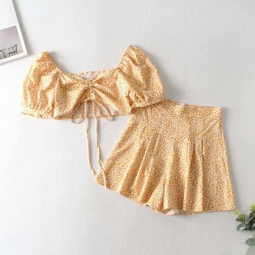 Womens suit summer new floral print chest strap elasticated short top + high waist floral casual pants 2 piece set women