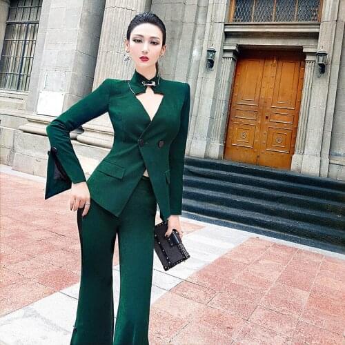 Women Suit Office Lady Spring Autumn New Fashion Full Single Button Stand Collar Flare Sleeve Full Length Pant Set British Style