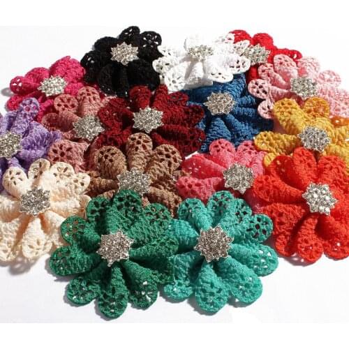 120pcs/lot 5.5cm 16colors Newborn Hollow Out Hair Flowers With Sparkly Snow Rhinestone Buttons DIY Fabric Flowers For Headbands