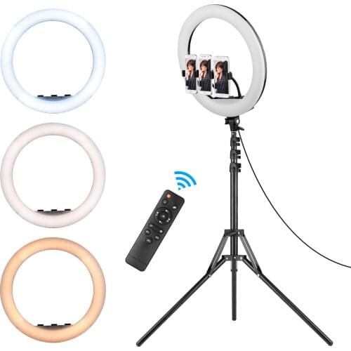 18 Inch LED Ring Light Photography Lamp Set Stepless Dimmable 2700K-6500K with Tripod Stand 3pcs Phone Holders Remote Control