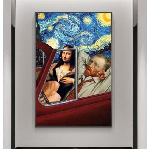 Abstract Smoking Canvas Painting Funny Van Gogh and Mona Lisa Posters and Prints Wall Art Picture for Living Room Decor Cuadros