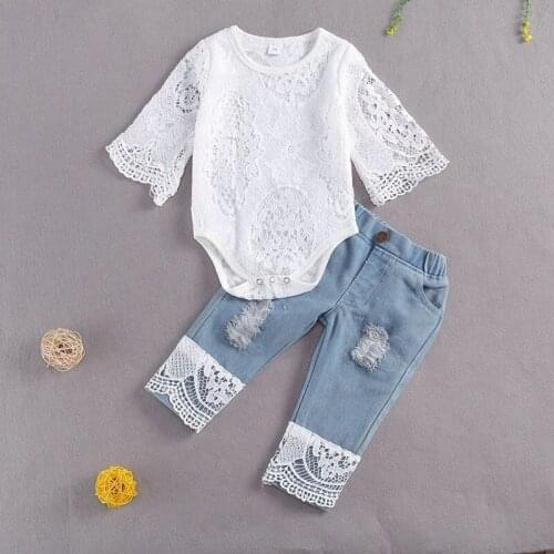Popodion 2021 Childrens Clothing Girls Long Sleeve Mesh + Jeans Two-Piece Set