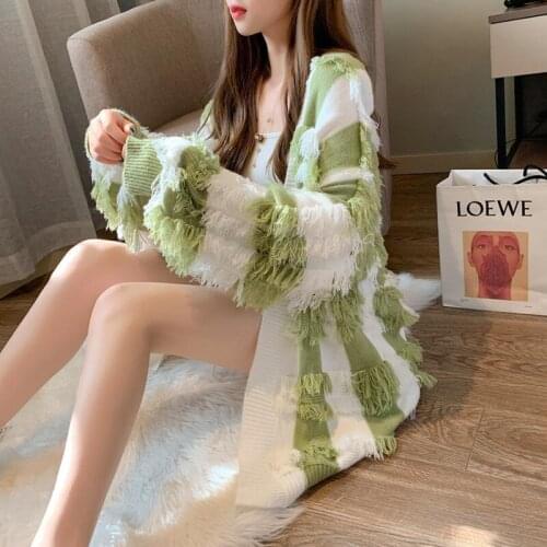 Tassel Long Cardigan Women Sweater Tops Jersey Loose Korean Fashion Sueters De Mujer Long Sleeve Knitted Pull Green Pink Autumn