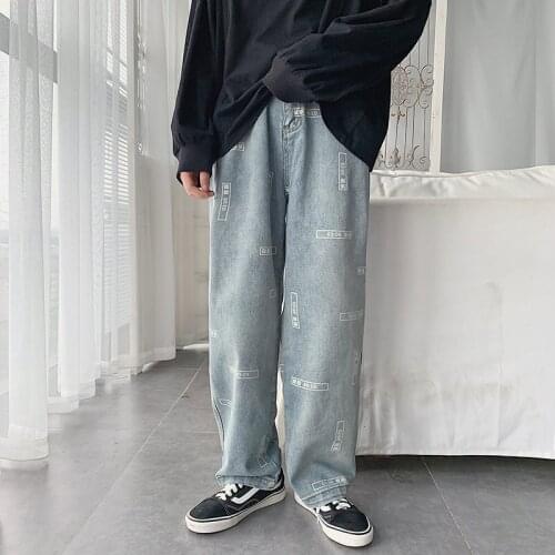 Fashion Mens Loose Fit Jeans Hip Hop Printed Vintage Washed Denim Pants Streetwear Wide Leg Jean Trousers For Male