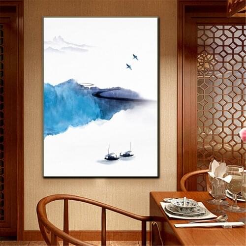Chinese Style Landscape Mountain Boat Birds Lake Picture Poster Canvas Print Painting Wall Art Living Room Home Decoration