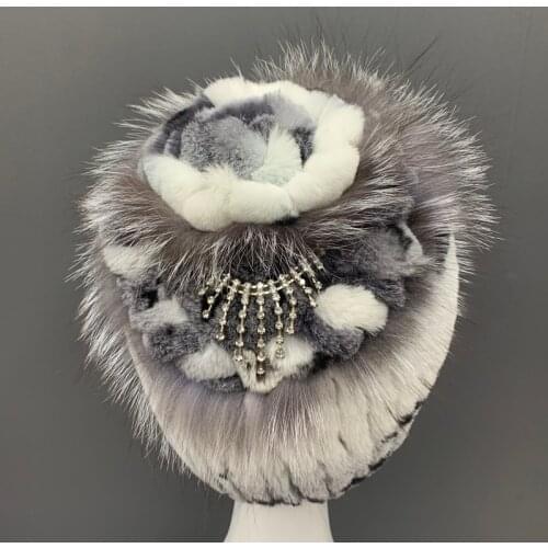 New winter warm hats for women floral stylish beanies natural rabbit fox fluffy snow fur hats hand knitted sewn russian hat