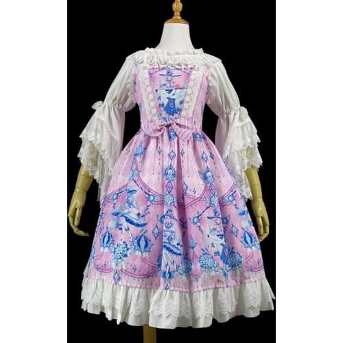 Lolita JSK Dress Print Ruffles Lolita Jumper Skirt Sweet Bow Dress