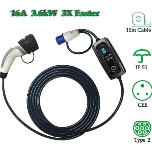 Type 2 EV Charger Level 2 16 Amp Portable Electric Vehicle Charger, CEE Plug 220V-240V Car Charging Cable, IEC 62196-2