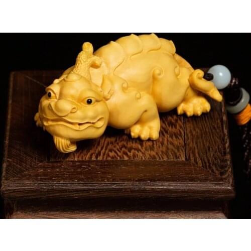 Unicorn pixiu wood animals statues Buxus carving with rope lucky Feng Shui creative home garden hand ornaments carvings