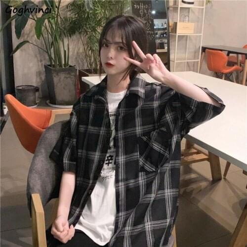 Shirts Women Blouse Plaid Turn-down Collar Thin Sun-protect Simple Short Sleeve Ulzzang Harajuku Tops Leisure Fashion Oversize