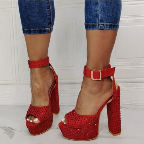 Buckle Strap Red Platform Sandals Bling Diamonds Round Peep Toe Women Shoes Fashion High Heels Summer Big Size 47