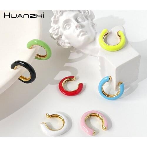 HUANZHI 2021 New Vintage Colorful Dripping Oil Earring for Women Girls Simple Ear Clip Jewelry Accessories Party Gifts