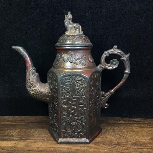 8"Tibet temple Old Bronze Lacquer Cinnabar Fu Lu Shou flagon teapot kettle Longevity pot Town House Exorcism