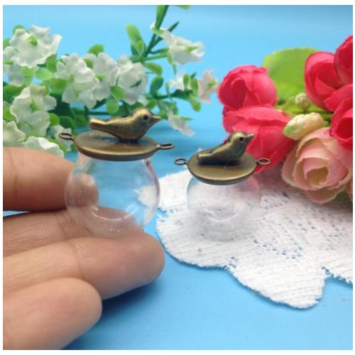 100sets/lot 20*15mm Glass globe 15mm base bird glass vials pendant jewelry glass bottle pendant glass dome cover charms