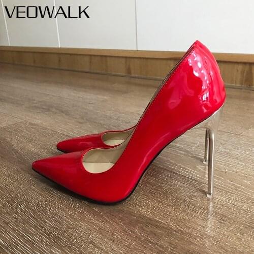 Veowalk Red Women Patent Leather 11cm High Heel Shoes Wedding Bridal Shoes Designer Slip On Pointy Toe Stiletto Pumps Size 35-46
