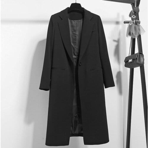 SURUFENG Autumn Women Blazers Long Black Jacket Female Notched Outerwear Casual Loose Lady Single Button Coat England Style