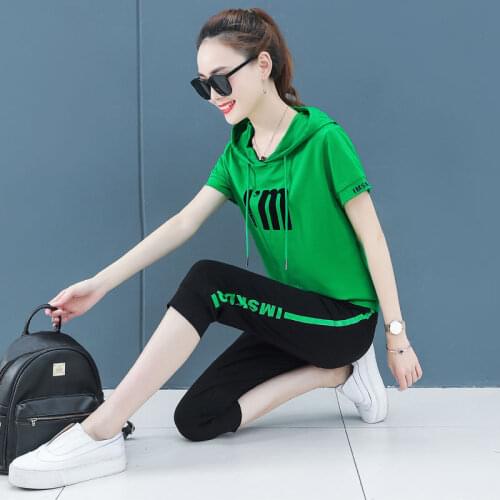 Letter Print Tracksuit Women Two Piece Set Summer Clothes Short Sleeve Hooded Top + Pants Sweat Suits Casual Women' Sets Outfits