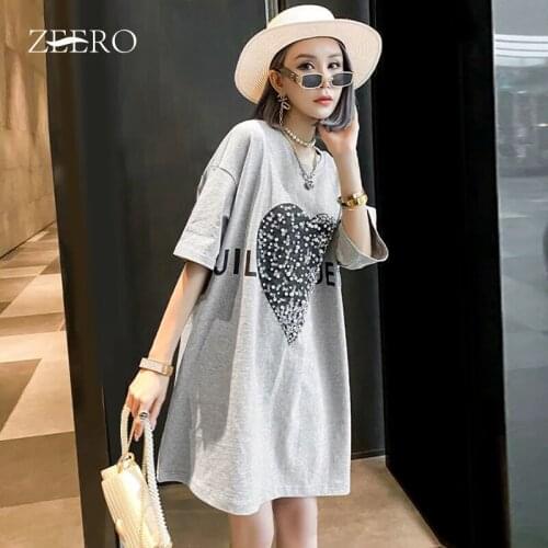 Summer Women Streetwear Long T Shirt Dress Female Beading Sequined Half Sleeve Casual Tees Tops White Woman Dresses Plus Size