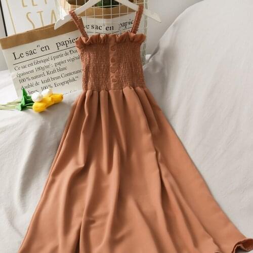 2021 Design new Sleeveless Women Summer Dress Strapless Elastic Buttons Solid Pleated Dresses Casual Party Dress