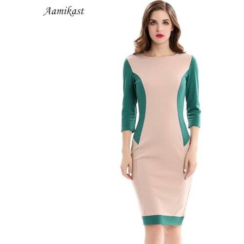 AAMIKAST Women Dresses New Fashion O-neck 3/4 Sleeve Sexy Patchwork Vintage Party Business Wedding Pencil Bodycon Dresses S-XXXL