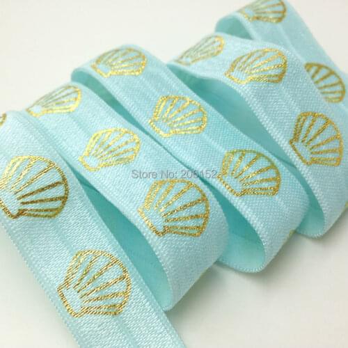 10yards/lot Sky Blue Fold Over Elastic With Gold Foil Sea Shell Print Hair Accessories FOE for Elastic Hair Band