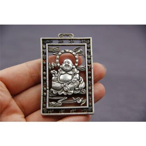 2.4 China old tibet silver Hollow out Maitreya Buddha Amulet Thang-ga Pendant