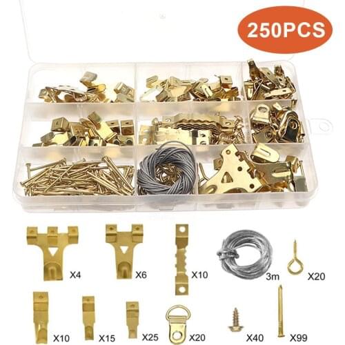 250pcs Boxed Metal European Style Seamless Nail Wall Nail Photo Frame Picture Pendant Hook Wire Rope Set Hanging Hooks Kit Screw
