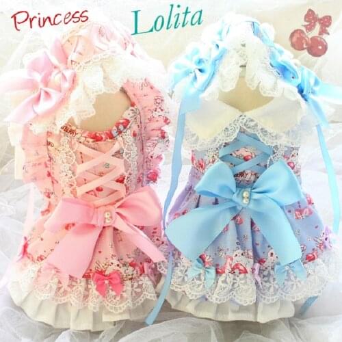 Free Shipping Handmade Adorable Dog Clothes Lolita Princess Dog Dress With Hair Band Alice In Wonderland Small Cat Pet Outfit