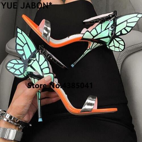 YUE JABON Gorgeous Colorful Butterfly Stiletto High Heels Sandals Sexy Fashion Pumps Shoes Angel Wings Summer Shoes Dress Pumps