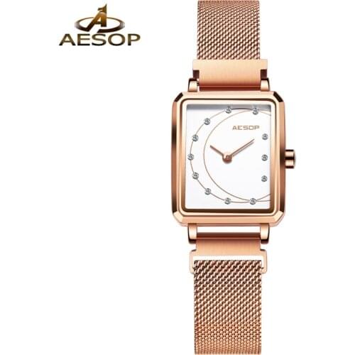 AESOP Brand Women Watches Fashion Square Ladies Japan Quartz Movement Watch Bracelet Simple Rose Gold Mesh Luxury Women Watches