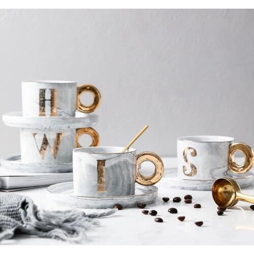 Tea Cup Saucer Gold-plated ceramic marbled coffee cup and saucer set afternoon teacup creative English proverb Chinese Tea Cup