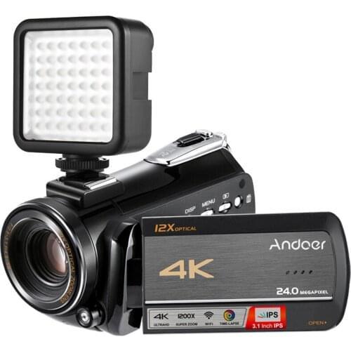 Andoer AC5 4K UHD 24MP WIFI 3.1inch Digital Video Camera Camcorder +W49 Mini Interlock Camera LED Panel Light w/ 2* Batteries