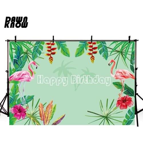 DAWNKNOW Cartoon Green Leaf Photography Background Baby Birthday Party Photocall Flamingo Floral Photo Backdrop Children lv602