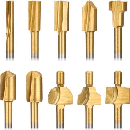 Hakkin 10Pcs/set Titanium Coated Woodworking Router Bits Milling Cutter Carpentry Router Bits Fit Dremel Rotary Tools