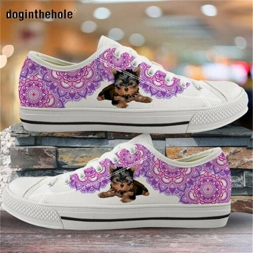 Doginthehole Shoes For Women Yorkshire Terrier Mandala Pattern Women Vulcanized Sneakers Female Low Top Canvas Shoes Comfortable