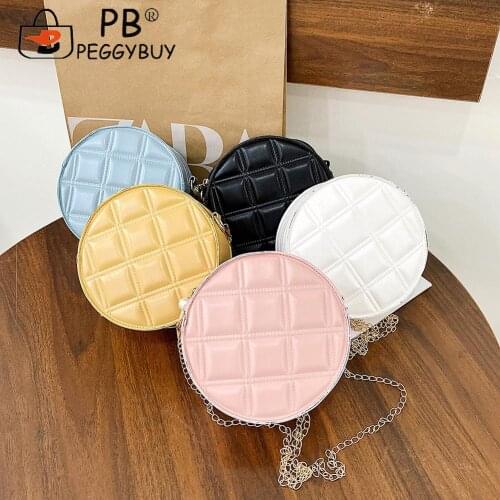 Elegant Women Chain Plaid Shoulder Bag Ladies Small PU Leather Crossbody Bags Female Plain Shopping Round Handbags