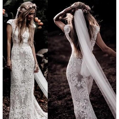 2021 Short Sleeve Lace Sheath Boho Mermaid Wedding Dress V Neck Bohemian Bride Real Photo Custom Made
